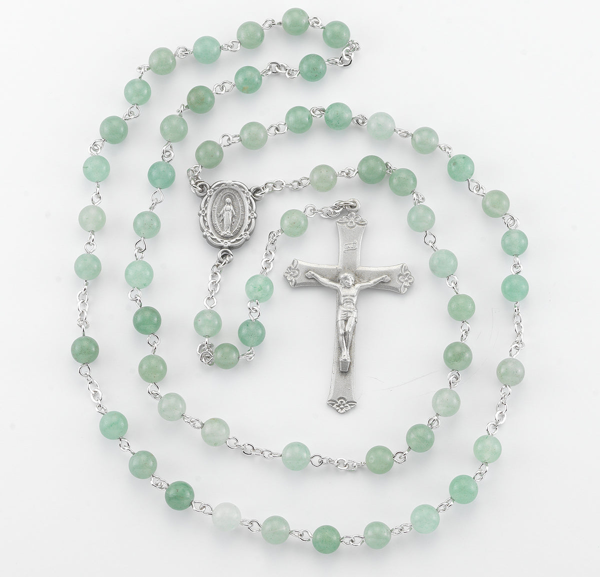 6mm Aventurine Gemstone Bead Rosary, Pewter Crucifix and Center