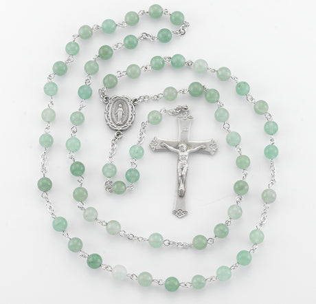 6mm Aventurine Gemstone Bead Rosary, Pewter Crucifix and Center