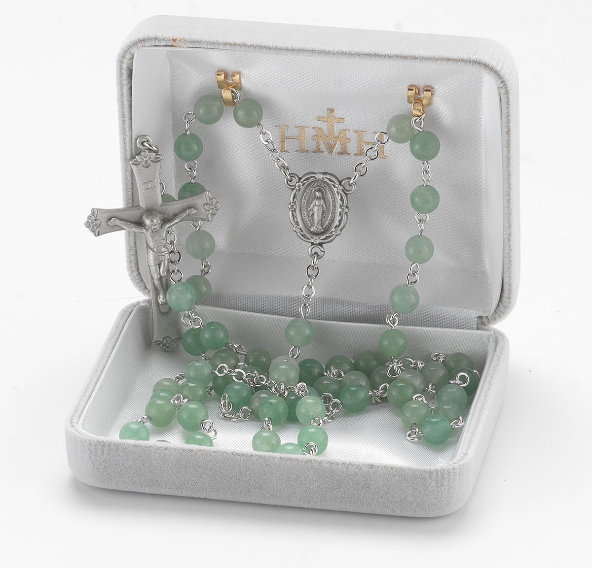 6mm Aventurine Gemstone Bead Rosary, Pewter Crucifix and Center