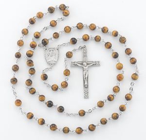 6mm Tiger Eye Gemstone Bead Rosary, Pewter Crucifix and Center