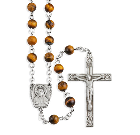 6mm Tiger Eye Gemstone Bead Rosary, Pewter Crucifix and Center