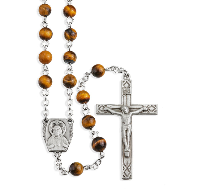 6mm Tiger Eye Gemstone Bead Rosary, Pewter Crucifix and Center