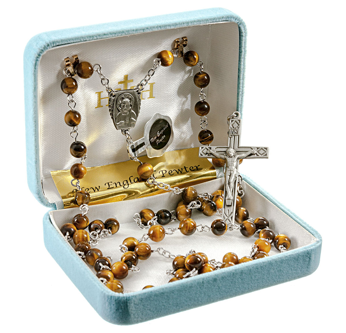 6mm Tiger Eye Gemstone Bead Rosary, Pewter Crucifix and Center