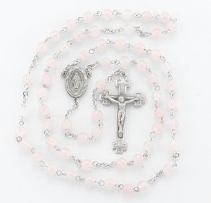 6mm Rose Quartz Gemstone Bead Rosary, Pewter Crucifix and Center