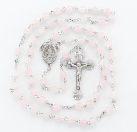 6mm Rose Quartz Gemstone Bead Rosary, Pewter Crucifix and Center