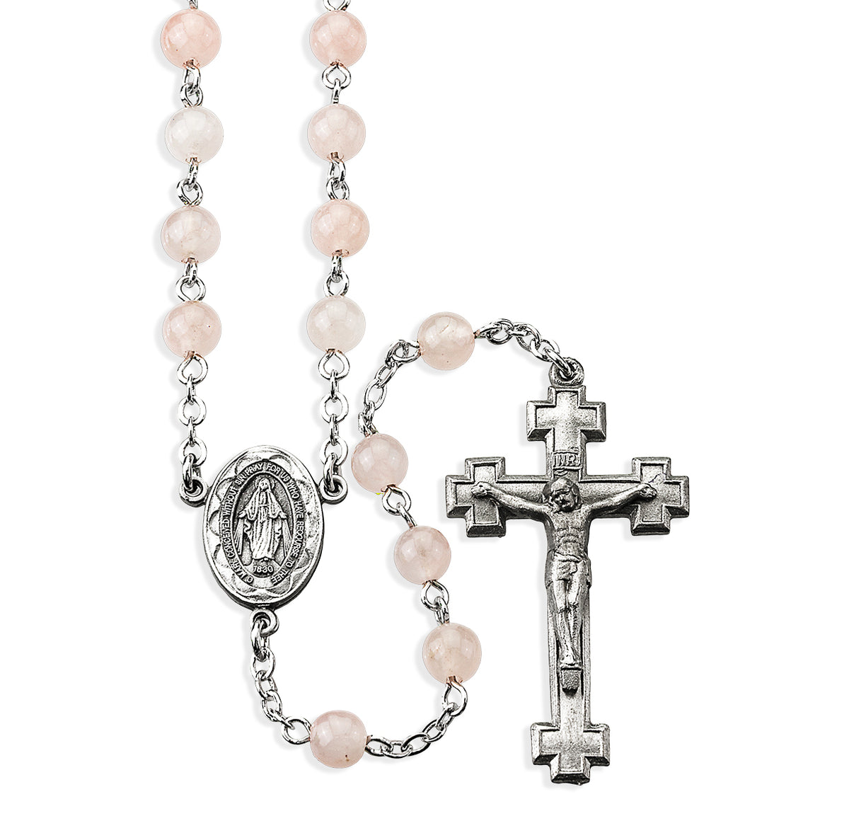 6mm Rose Quartz Gemstone Bead Rosary, Pewter Crucifix and Center