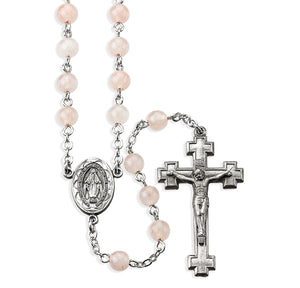 6mm Rose Quartz Gemstone Bead Rosary, Pewter Crucifix and Center