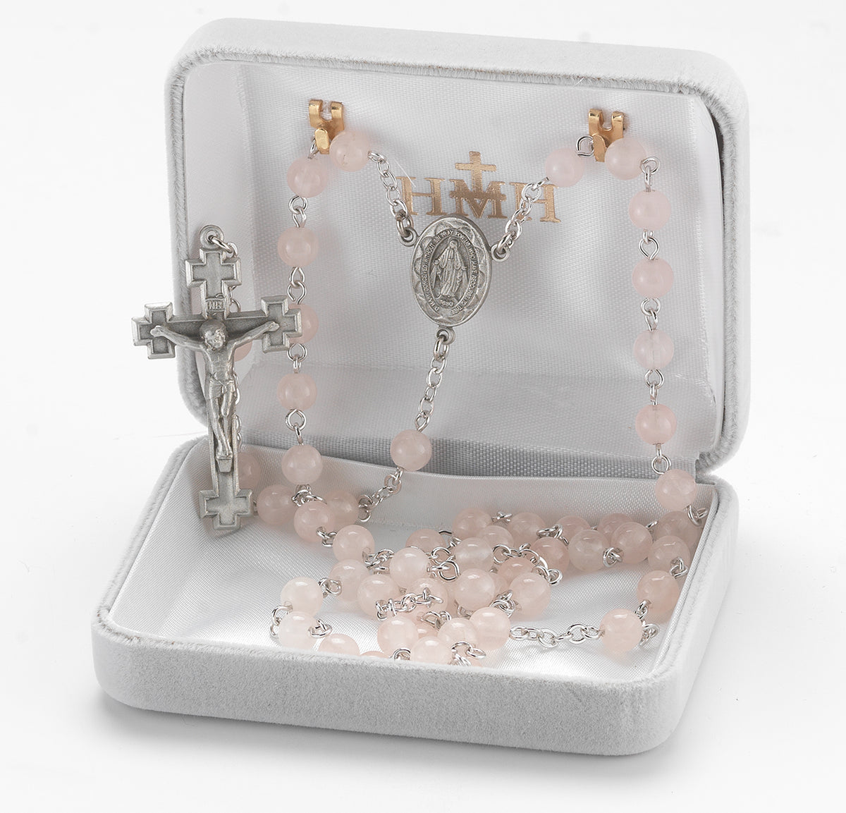6mm Rose Quartz Gemstone Bead Rosary, Pewter Crucifix and Center