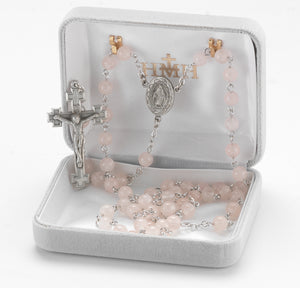 6mm Rose Quartz Gemstone Bead Rosary, Pewter Crucifix and Center