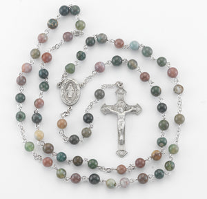 6mm India Agate Gemstone Bead Rosary, Pewter Crucifix and Center
