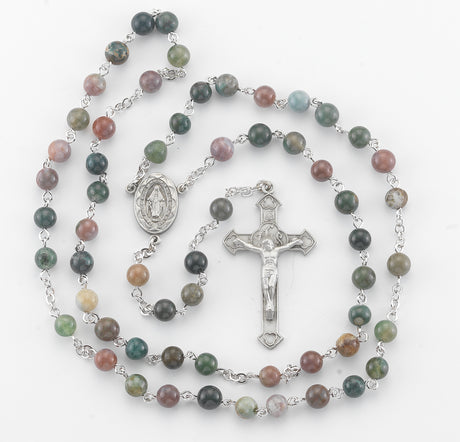 6mm India Agate Gemstone Bead Rosary, Pewter Crucifix and Center
