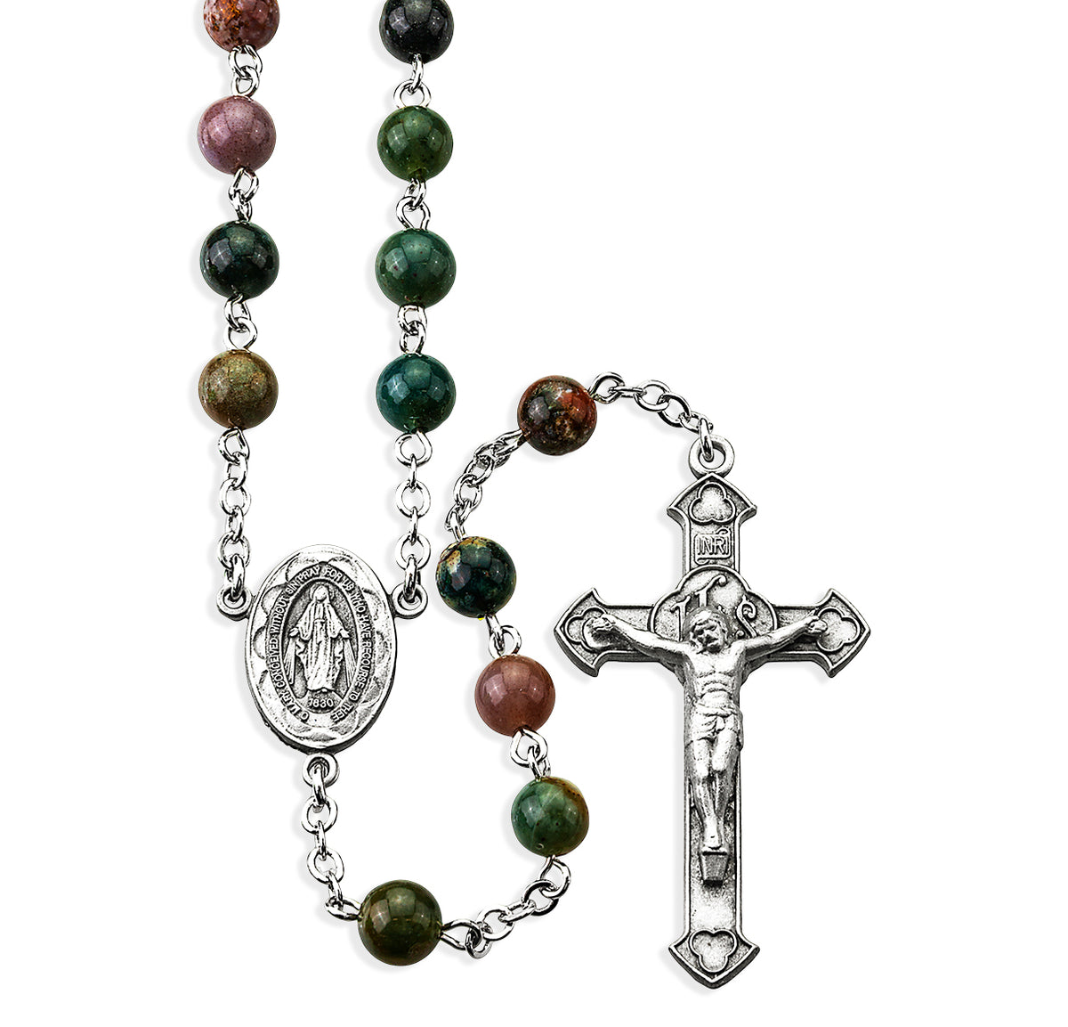 6mm India Agate Gemstone Bead Rosary, Pewter Crucifix and Center