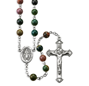 6mm India Agate Gemstone Bead Rosary, Pewter Crucifix and Center