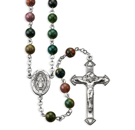 6mm India Agate Gemstone Bead Rosary, Pewter Crucifix and Center