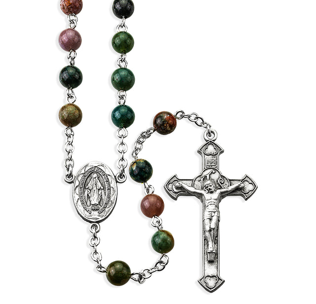 6mm India Agate Gemstone Bead Rosary, Pewter Crucifix and Center