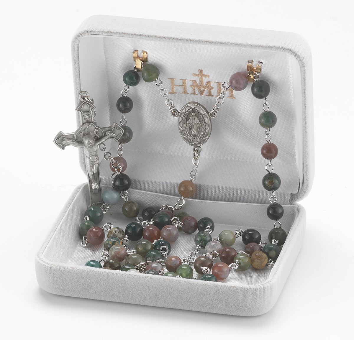 6mm India Agate Gemstone Bead Rosary, Pewter Crucifix and Center