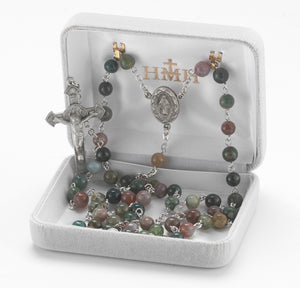 6mm India Agate Gemstone Bead Rosary, Pewter Crucifix and Center