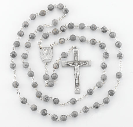 6mm Lime Gemstone Bead Rosary, Pewter Crucifix and Center