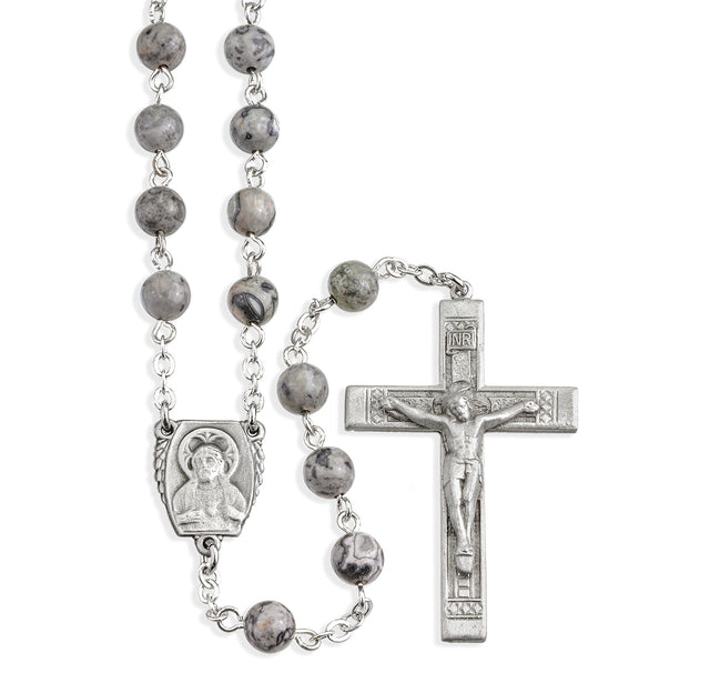 6mm Lime Gemstone Bead Rosary, Pewter Crucifix and Center