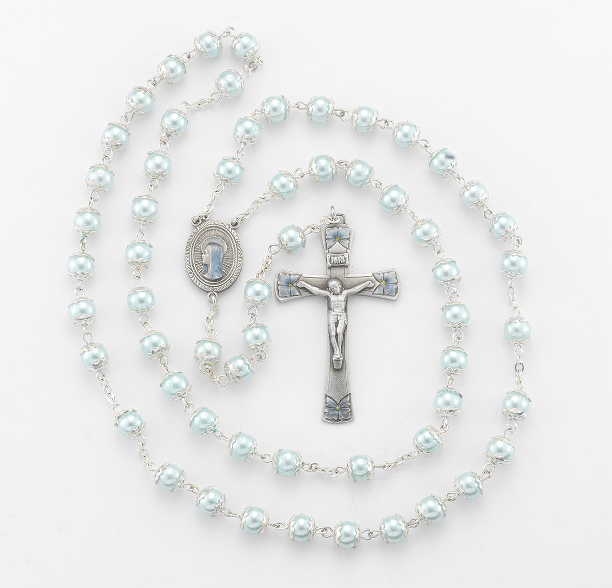 8mm Blue Glass Capped Bead Rosary with Blue Enameled Pewter Crucifix and Center