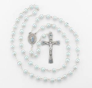 8mm Blue Glass Capped Bead Rosary with Blue Enameled Pewter Crucifix and Center