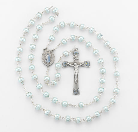 8mm Blue Glass Capped Bead Rosary with Blue Enameled Pewter Crucifix and Center