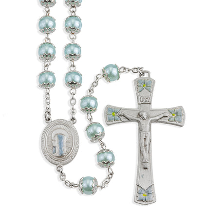 8mm Blue Glass Capped Bead Rosary with Blue Enameled Pewter Crucifix and Center