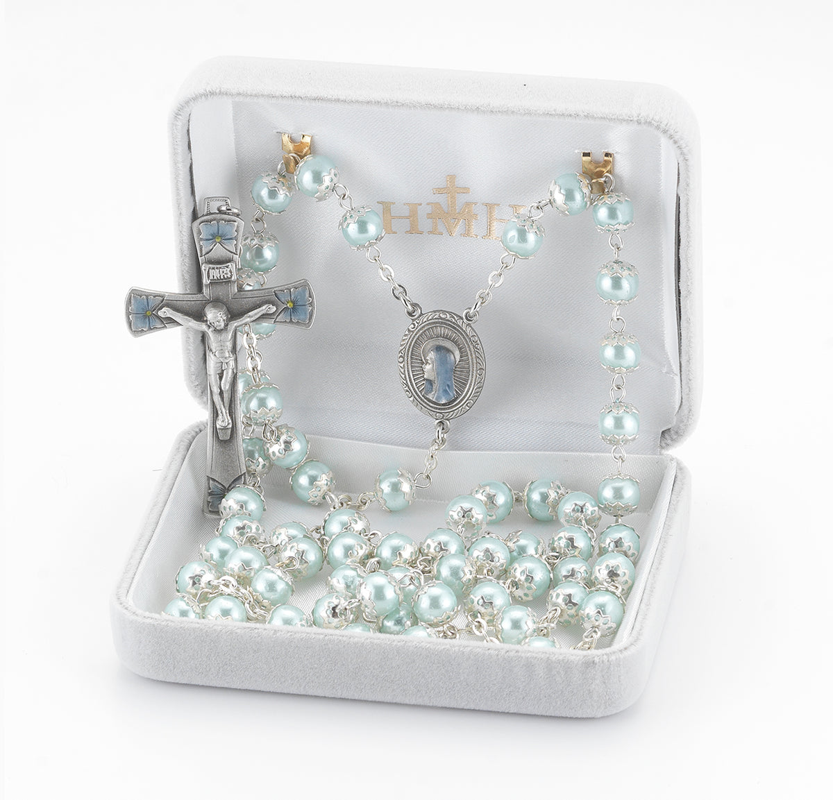 8mm Blue Glass Capped Bead Rosary with Blue Enameled Pewter Crucifix and Center