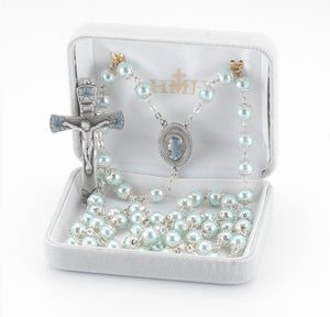 8mm Blue Glass Capped Bead Rosary with Blue Enameled Pewter Crucifix and Center