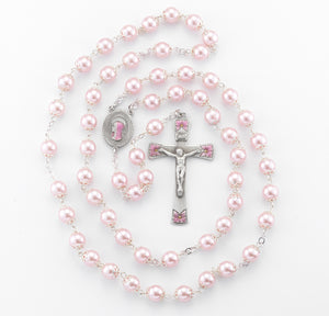 8mm Pink Glass Capped Bead Rosary with Pink Enameled Pewter Crucifix and Center