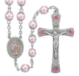 8mm Pink Glass Capped Bead Rosary with Pink Enameled Pewter Crucifix and Center