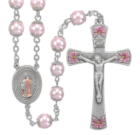 8mm Pink Glass Capped Bead Rosary with Pink Enameled Pewter Crucifix and Center