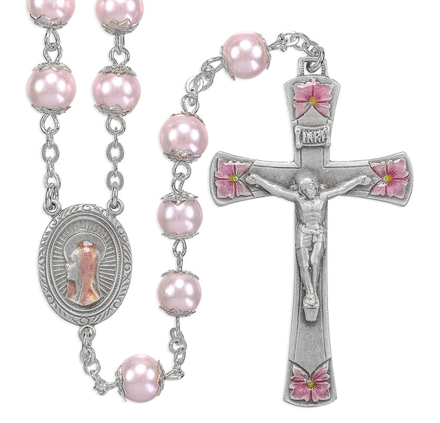 8mm Pink Glass Capped Bead Rosary with Pink Enameled Pewter Crucifix and Center