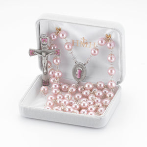 8mm Pink Glass Capped Bead Rosary with Pink Enameled Pewter Crucifix and Center