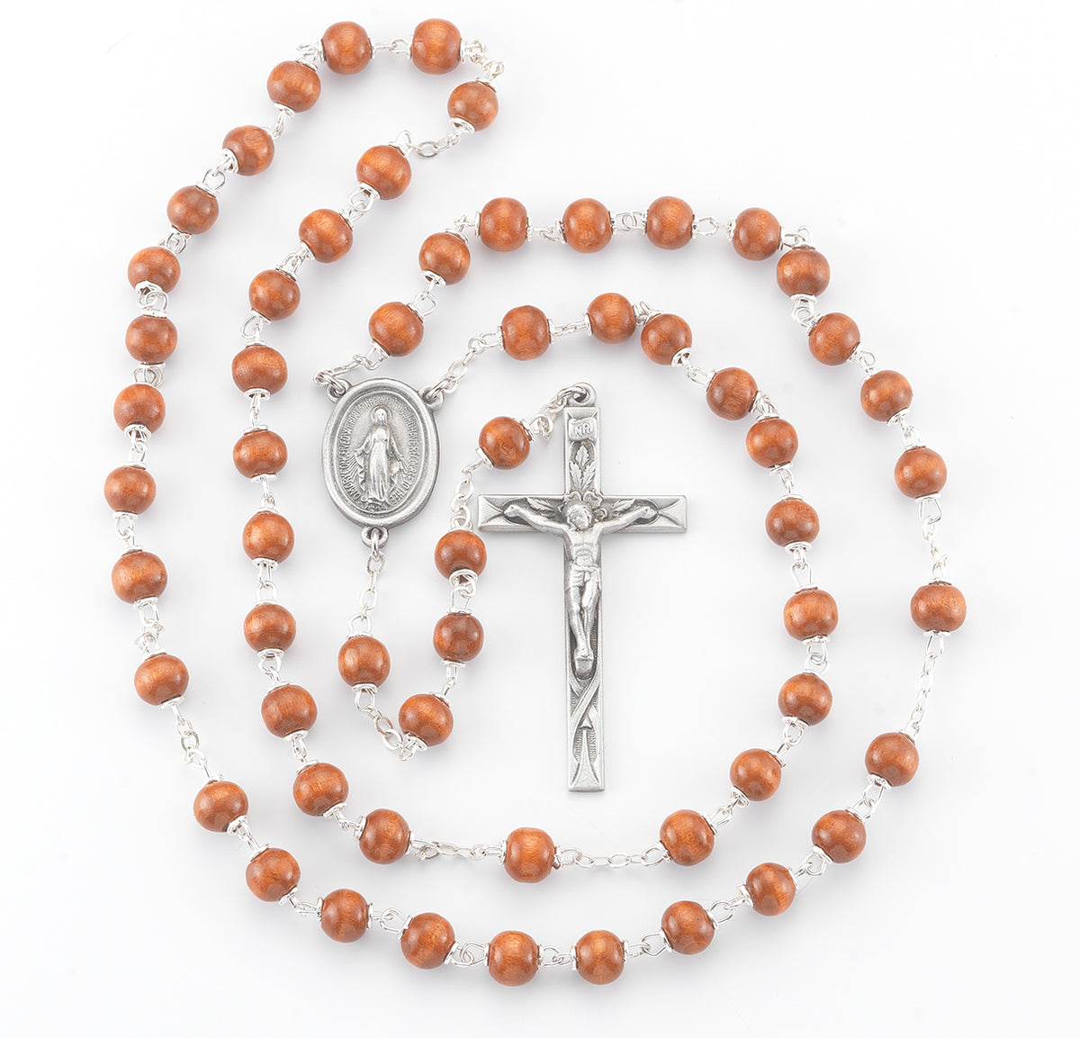 6mm Brown Oval Wood Bead Rosary, Pewter Crucifix and Center