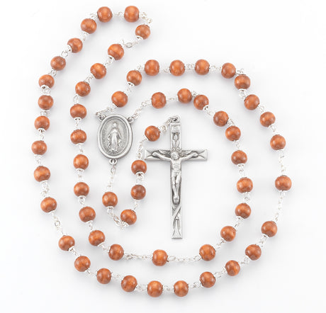 6mm Brown Oval Wood Bead Rosary, Pewter Crucifix and Center