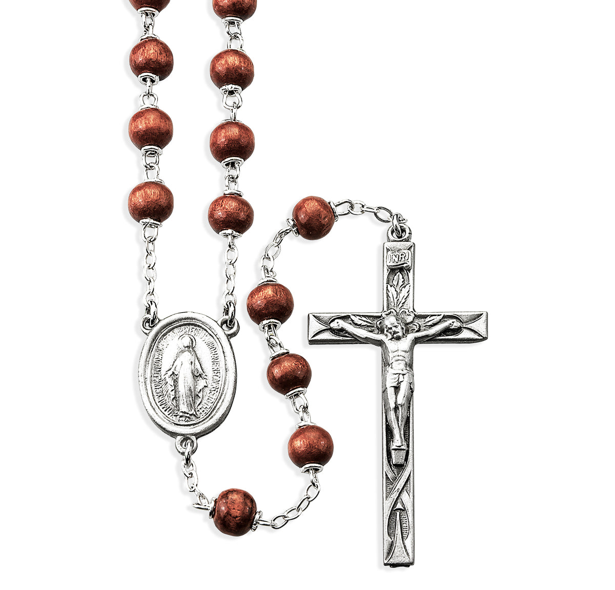6mm Brown Oval Wood Bead Rosary, Pewter Crucifix and Center
