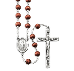6mm Brown Oval Wood Bead Rosary, Pewter Crucifix and Center