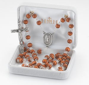 6mm Brown Oval Wood Bead Rosary, Pewter Crucifix and Center