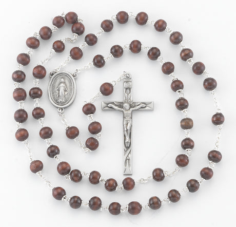 6x9mm Maroon Oval Wood Bead Rosary with Carved Our Father Beads, Pewter Crucifix and Center