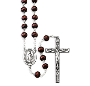 6x9mm Maroon Oval Wood Bead Rosary with Carved Our Father Beads, Pewter Crucifix and Center