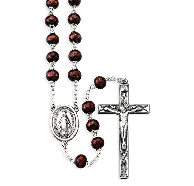 6x9mm Maroon Oval Wood Bead Rosary with Carved Our Father Beads, Pewter Crucifix and Center