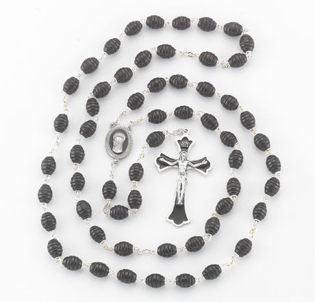 Black Beehive Boxwood Rosary with Enameled Pewter Crucifix and Center