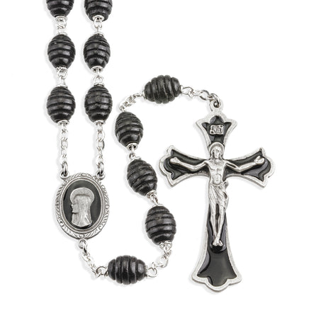 Black Beehive Boxwood Rosary with Enameled Pewter Crucifix and Center