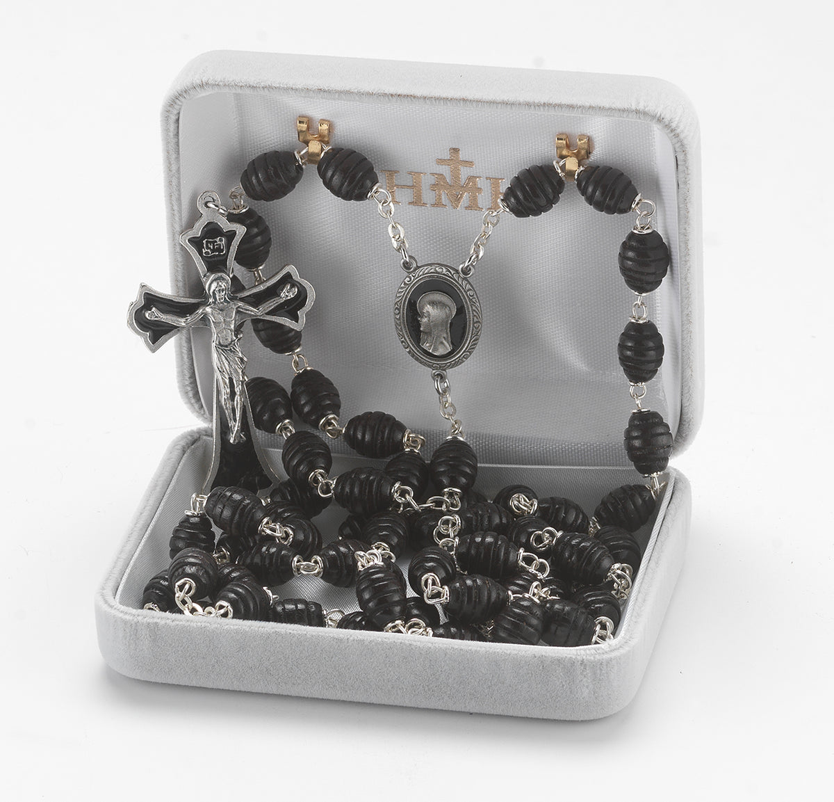 Black Beehive Boxwood Rosary with Enameled Pewter Crucifix and Center