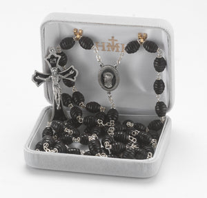 Black Beehive Boxwood Rosary with Enameled Pewter Crucifix and Center