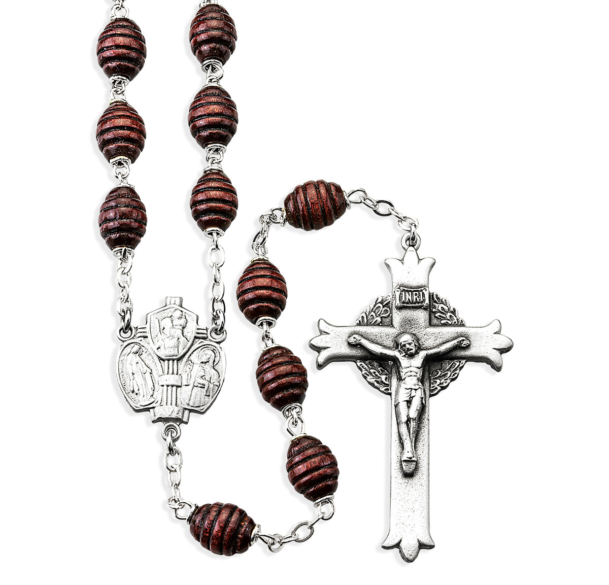 Maroon Beehive Boxwood Rosary, Pewter Crucifix and Center