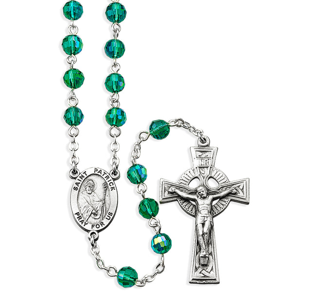6mm Emerald Bead Irish Rosary with Celtic Crucifix and Saint Patrick Center, Pewter