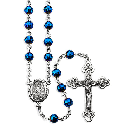 6mm Faceted Blue Bead Rosary, Pewter Crucifix and Center