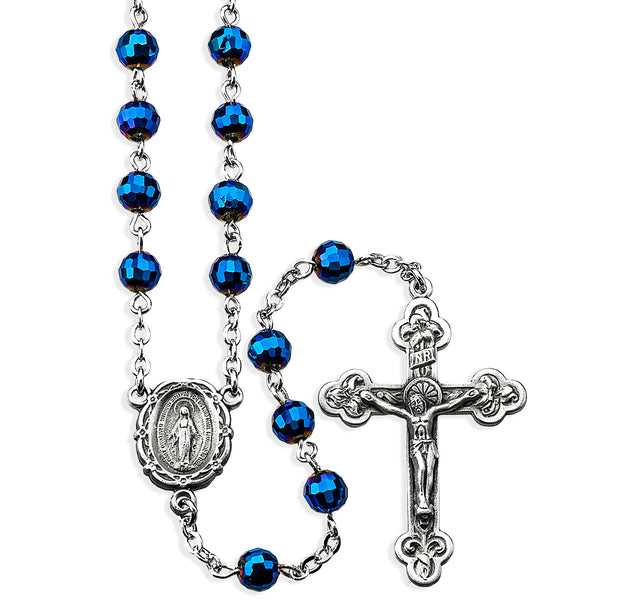 6mm Faceted Blue Bead Rosary, Pewter Crucifix and Center